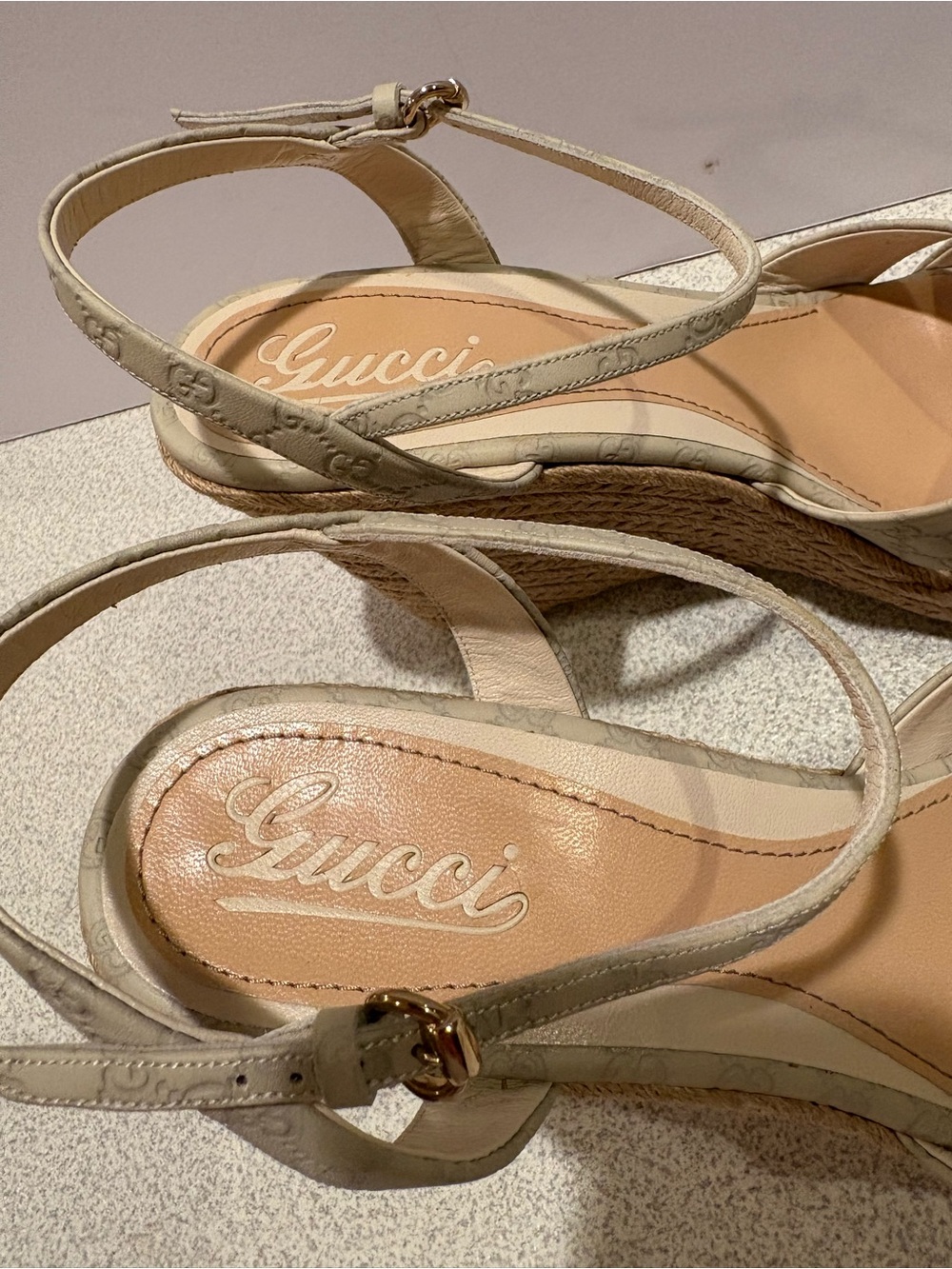 Gucci Beige GG Monogram Espadrille Wedge Sandals Penelope 41.5/11.5 New - Picture 3 of 16